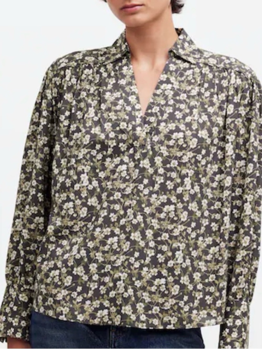 NWT MADEWELL EASY LONG-SLEEVE POPOVER BLOUSE DARK PAVEMENT FLORAL SIZE SMALL